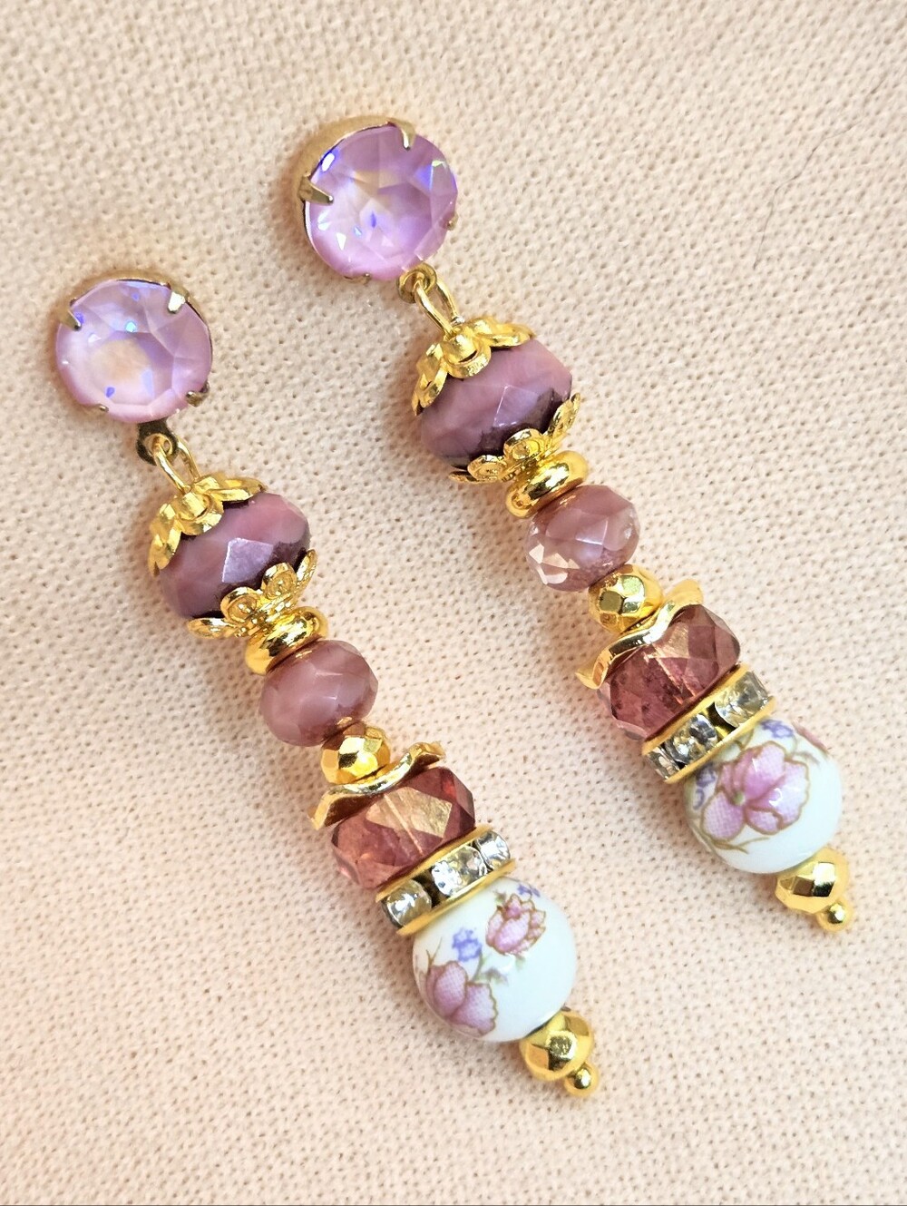 Victorian Delicate & Dainty Powder Pink Crystal In Glass In Gold Plated Earrings
